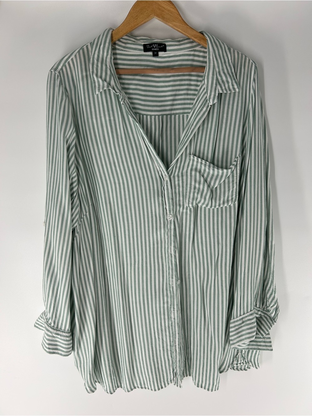 Velvet Heart Women's Green and White Striped Button Down Shirt